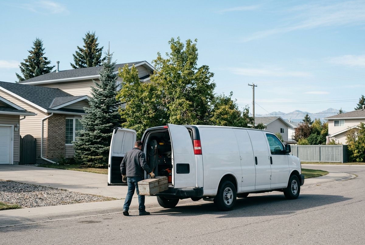 A plain service van parked outside a Calgary home with a toolbox being unloaded