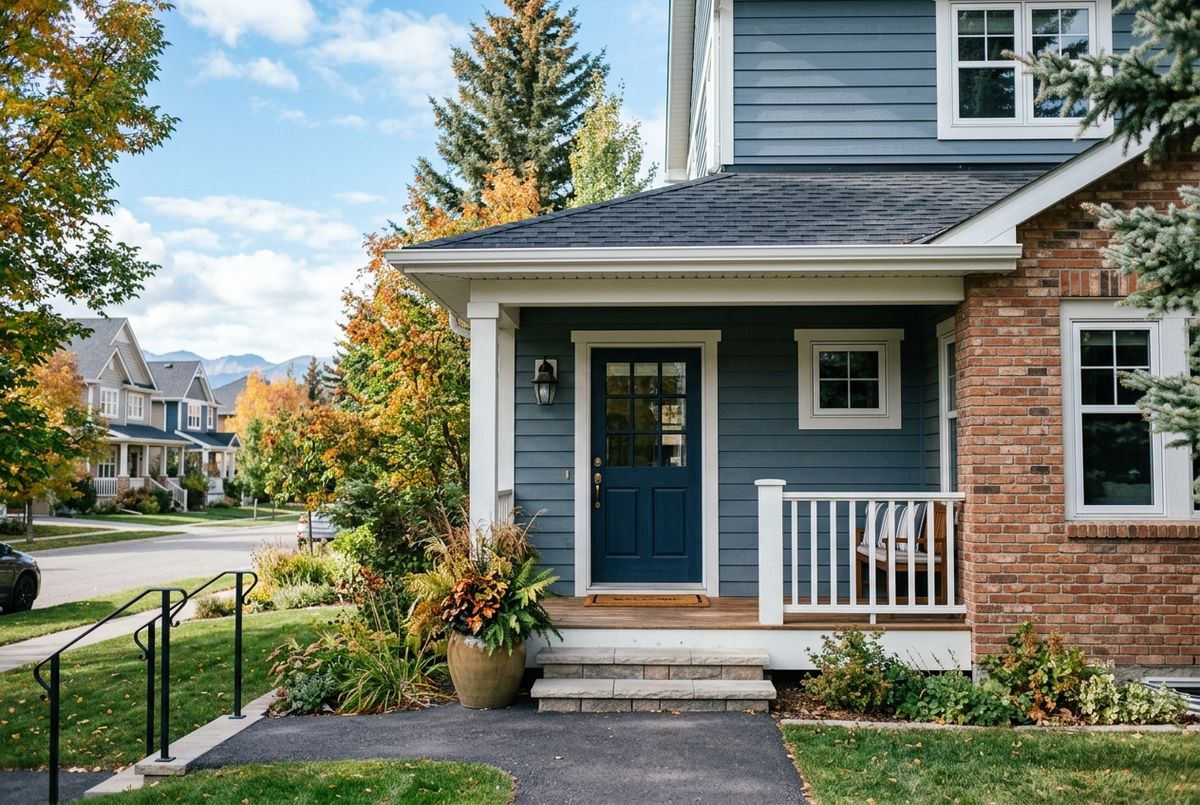 The front entrance of a well-kept Calgary family home on a bright clear day
