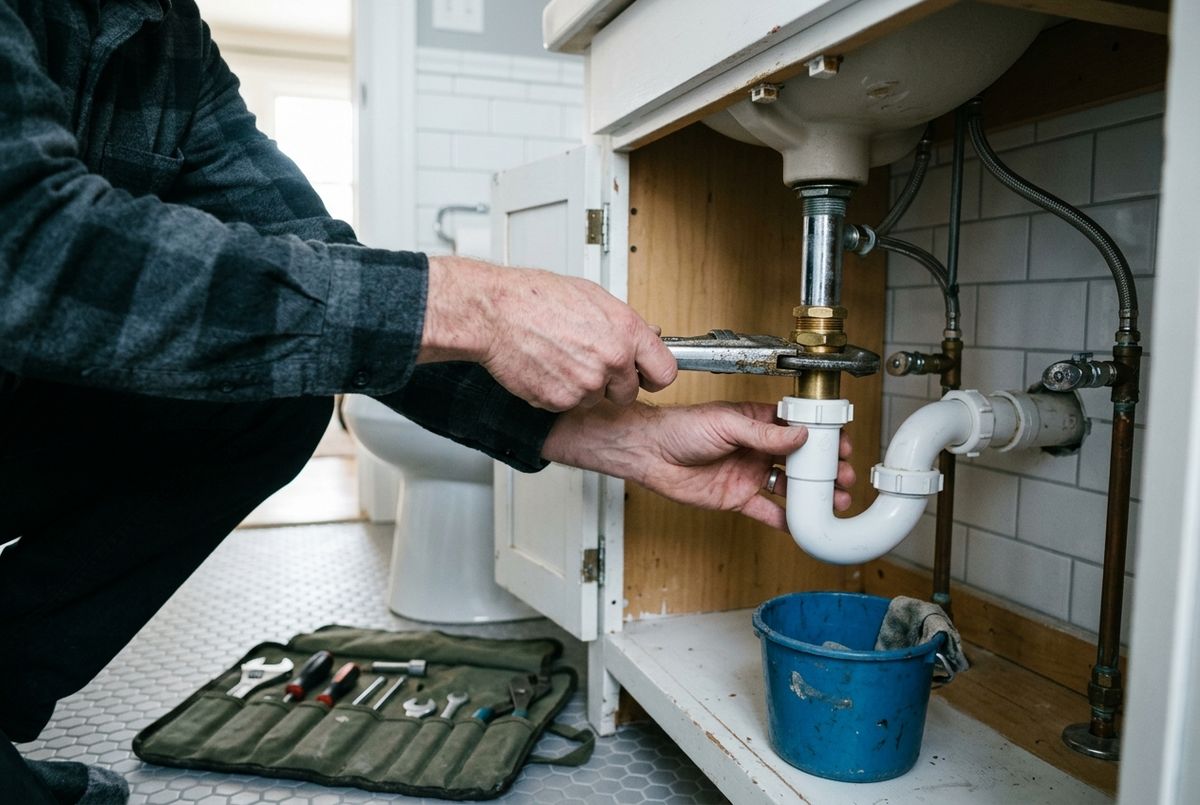 A homeowner replacing the P-trap under a bathroom vanity in a Calgary house with basic hand tools