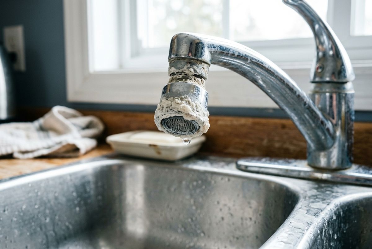 Heavy white limescale build-up on a chrome tap aerator and kettle element from Calgary hard water