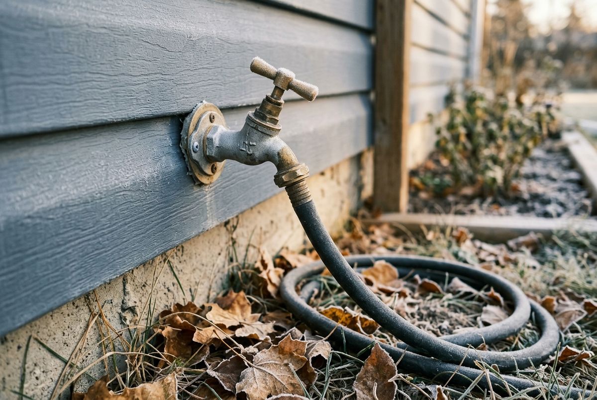 An outdoor hose bib on the exterior wall of a Calgary home with the garden hose disconnected for winter