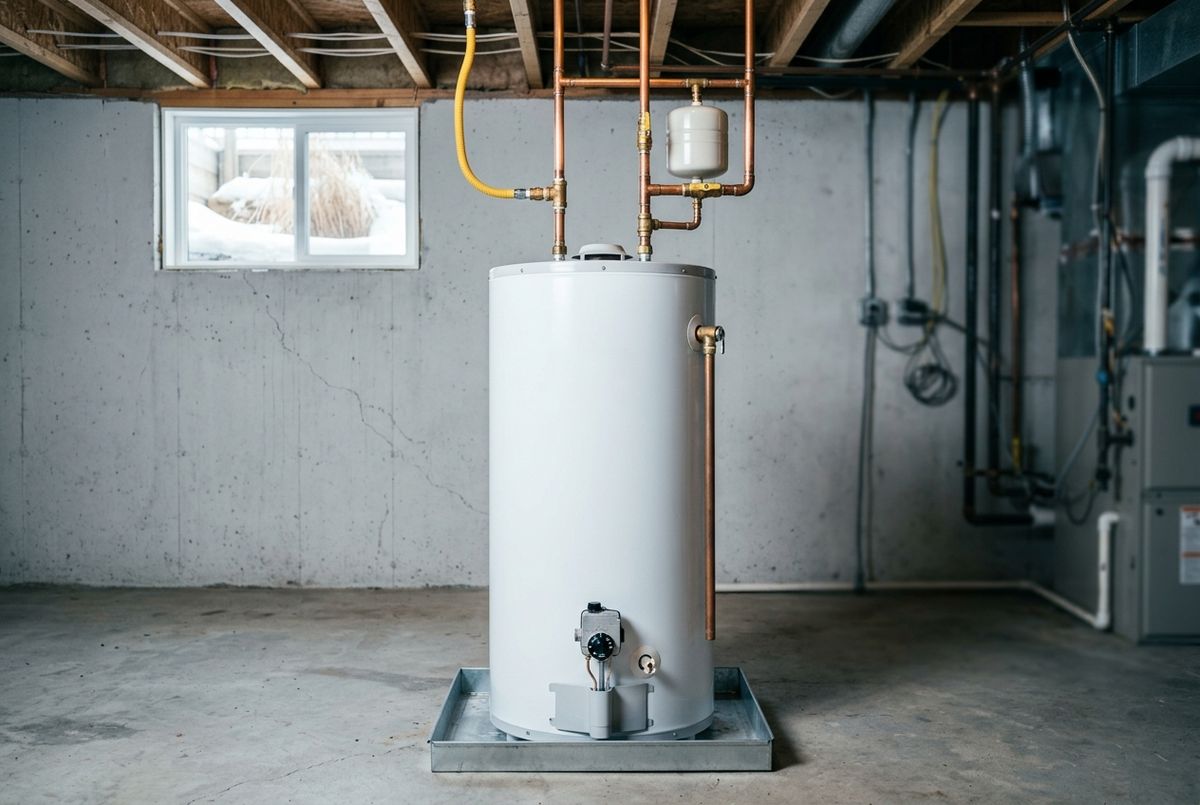 A homeowner checking the gas control valve and pilot access panel at the base of a hot water tank in a Calgary basement