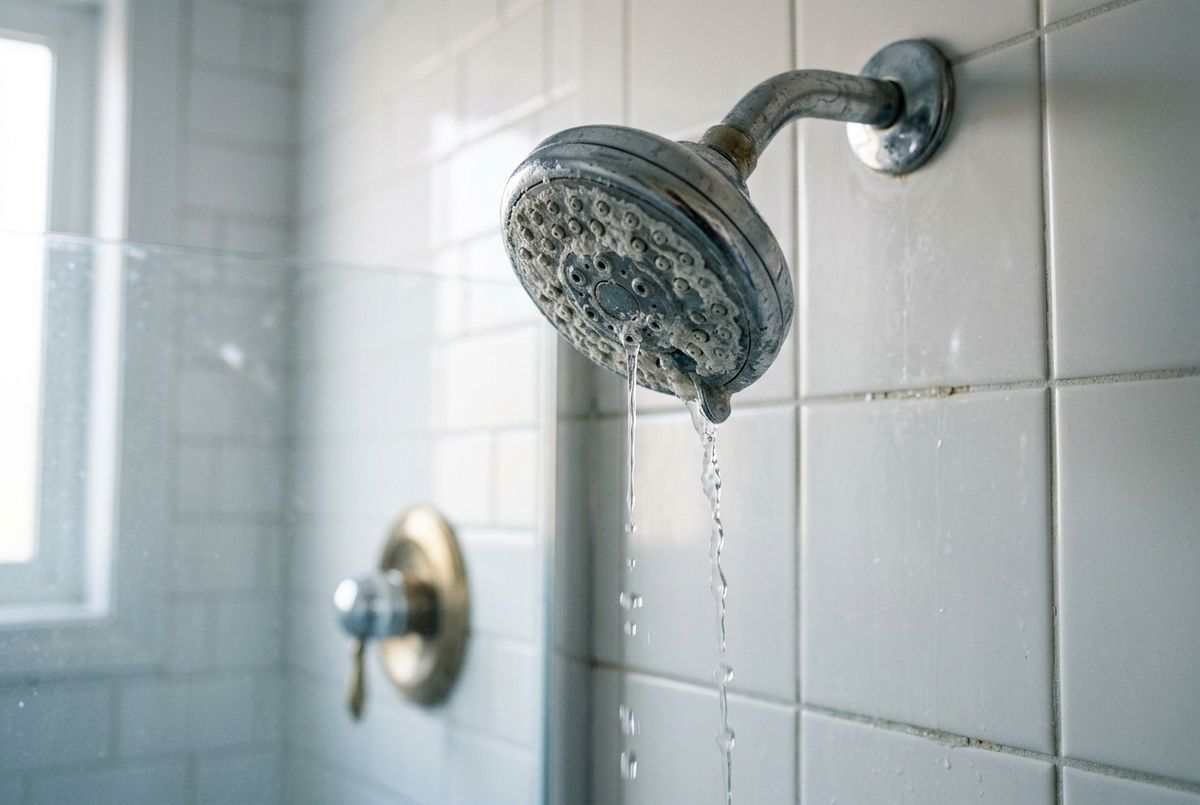A weak stream of water from a kitchen tap in a Calgary home, with a scaled aerator removed on the counter