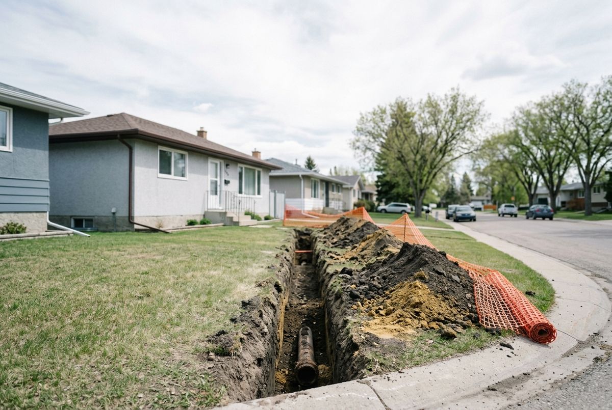Excavated trench in a Calgary front yard exposing a residential sewer service line near the property line