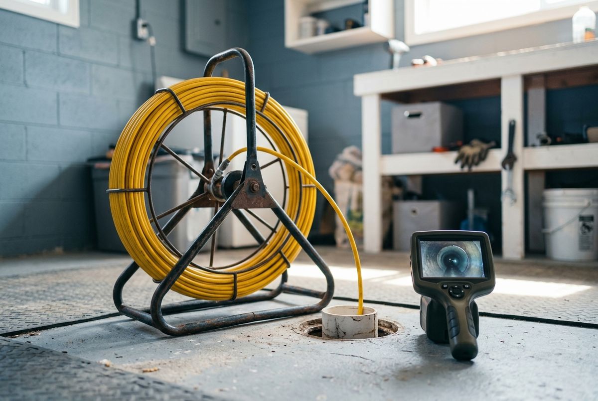 Drain camera reel and monitor set up at a basement cleanout during a sewer scope inspection in Calgary