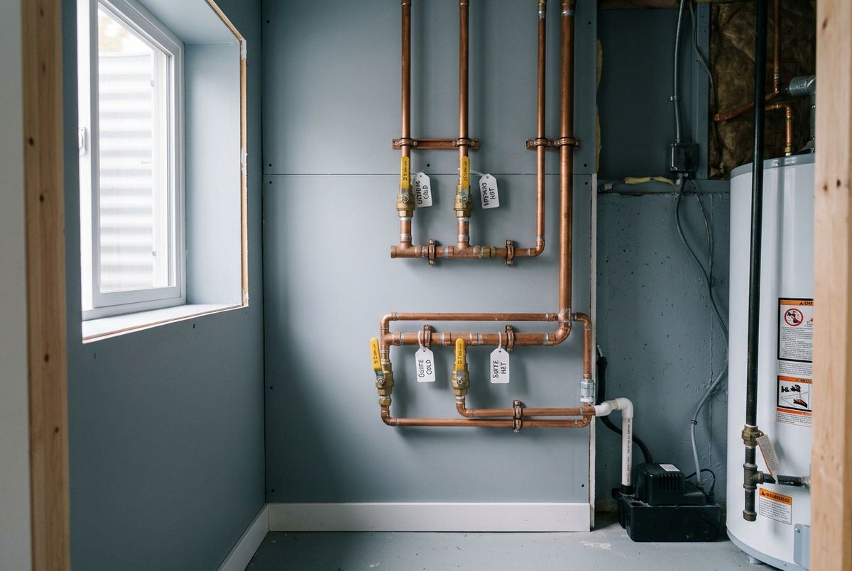 Plumbing rough-in for a basement secondary suite bathroom in a Calgary home