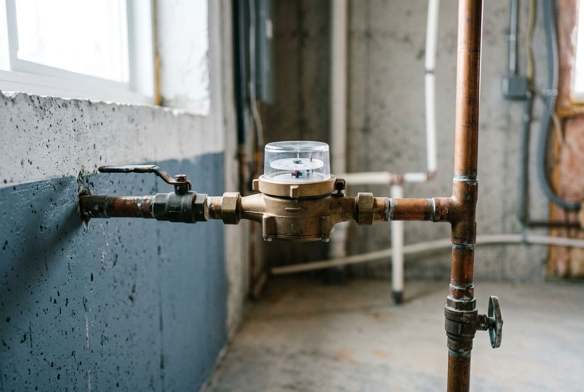 A residential water meter on a basement wall in a Calgary home with the low-flow indicator turning